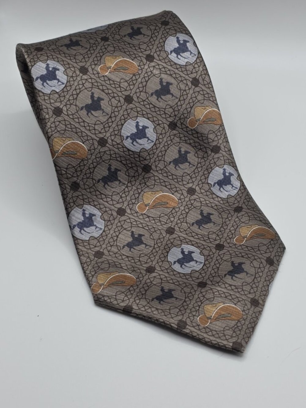 VTG ROPER MENS Neck  Tie  100% silk Horses Silver Brown Cowboy Yellowstone